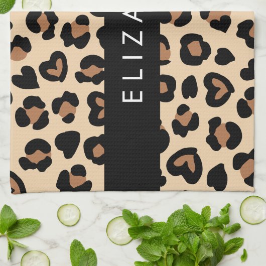 アニマルプリント、Brown Leopard、ハート、お名前 キッチンタオル (折り畳み)