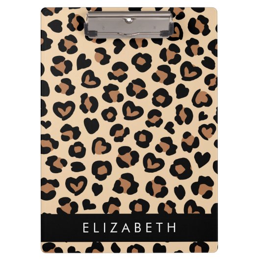アニマルプリント、Brown Leopard、ハート、お名前 クリップボード (正面)