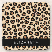 アニマルプリント、Brown Leopard、ハート、お名前 コースター (正面)