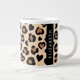 アニマルプリント、Brown Leopard、ハート、お名前 ジャンボコーヒーマグカップ