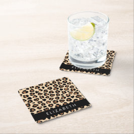 アニマルプリント、Brown Leopard、ハート、お名前 スクエアペーパーコースター