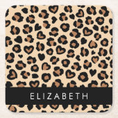 アニマルプリント、Brown Leopard、ハート、お名前 スクエアペーパーコースター (正面)