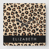 アニマルプリント、Brown Leopard、ハート、お名前 スクエア壁時計 (正面)