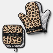 アニマルプリント、Brown Leopard、ハート、お名前 鍋つかみ&鍋敷きセット (正面/裏面)