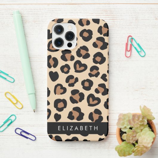 アニマルプリント、Brown Leopard、ハート、お名前 iPhoneケース (デスク上)