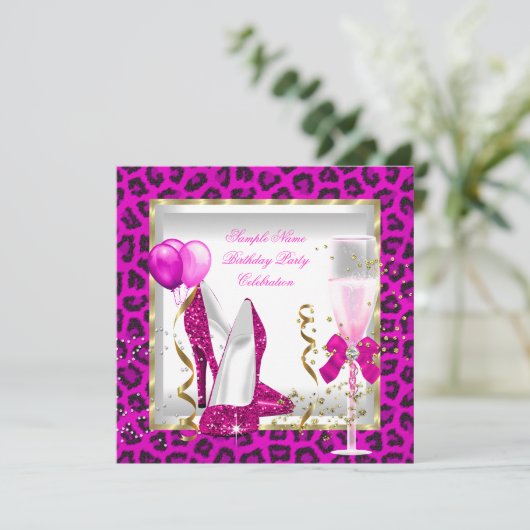 アニマルホットピンク金ゴールドグリッターヒール誕生日パーティー 招待状 (スタンド正面)