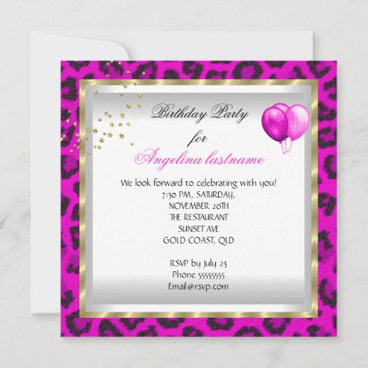 アニマルホットピンク金ゴールドグリッターヒール誕生日パーティー 招待状 (裏面)