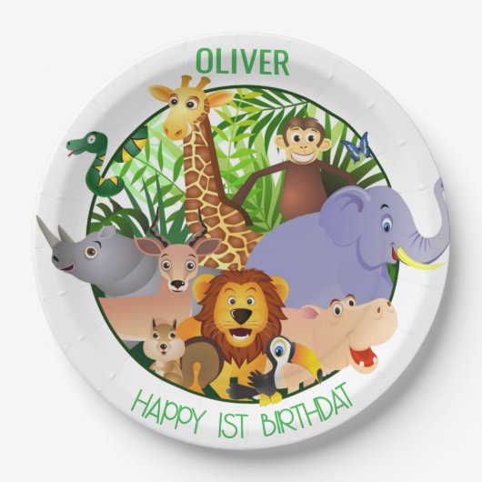 アニマルワイルドワンジャングルの緑のサファリ子供へ ペーパープレート (正面)