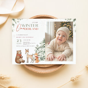 アニマル 冬 ワンダーランド こども 写真 1歳 誕生日 招待状