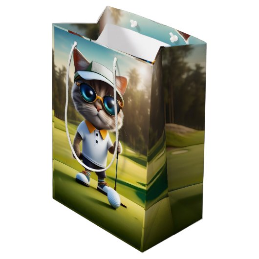 アニメおもしろいート猫ゴルフプレーヤー、 ミディアムペーパーバッグ (裏面アングル)