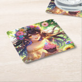 アニメかわいらしガールズ誕生日カップケーキ スクエアペーパーコースター (アングル)