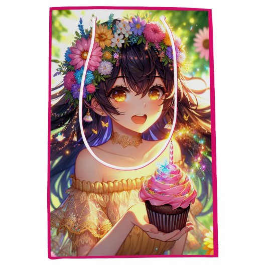 アニメかわいらしガール誕生日 ミディアムペーパーバッグ (正面)