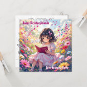 アニメかわいらしガール読ズ | カラーリングページ誕生日 カード (正面/裏面インサイチュ)