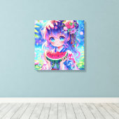 アニメかわいらしガール食べズスイカ キャンバスプリント (インサイチュ (ウッドフロア))