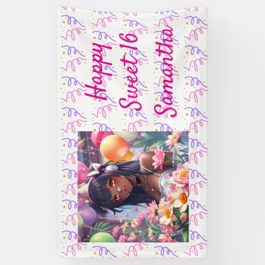 アニメかわいらしガール・オブ・カラーパーソナライズされた誕生日 横断幕 (縦)