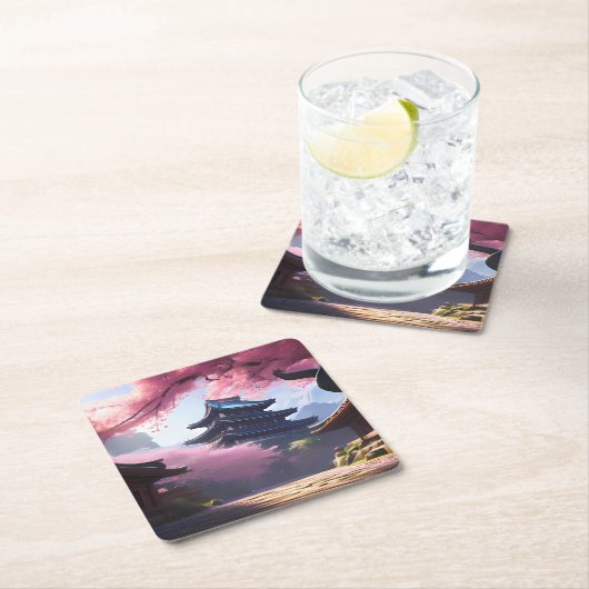 アニメさくらんぼの花と静かなパゴダの風景 スクエアペーパーコースター (インサイチュ)