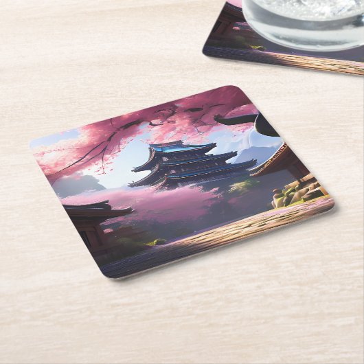 アニメさくらんぼの花と静かなパゴダの風景 スクエアペーパーコースター (アングル)