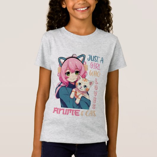 アニメとネコの女の子グラフィック Tシャツ (正面)