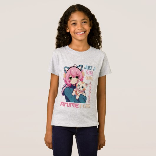 アニメとネコの女の子グラフィック Tシャツ (正面フル)