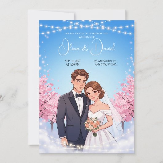 アニメのおとぎ話の花嫁と花婿の結婚式の招待状 招待状 (正面)