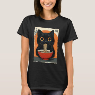 アニメのかわいい猫がラーメンを食べている 和風猫 Tシャツ