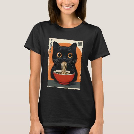 アニメのかわいい猫がラーメンを食べている 和風猫 Tシャツ (正面)