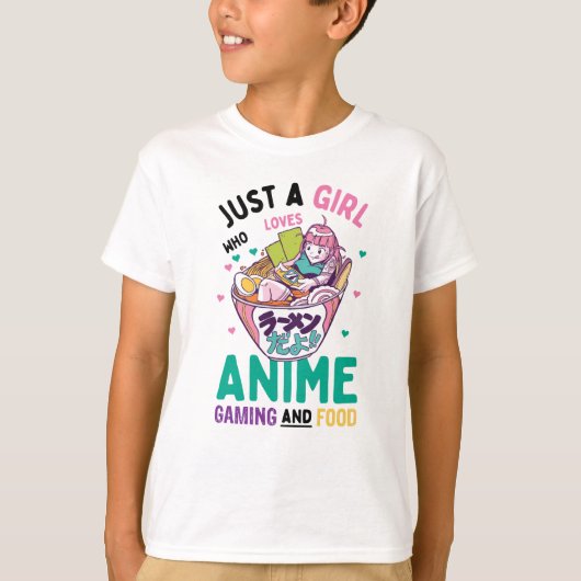 アニメのゲームや食べ物が大好きな女の子 Tシャツ (正面)