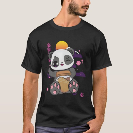 アニメのパンダとかわいいがコーヒーを飲むラテ Tシャツ (正面)