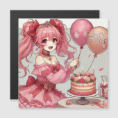 アニメのピンクの誕生日マグネットカード マグネット招待状 (正面/裏面)