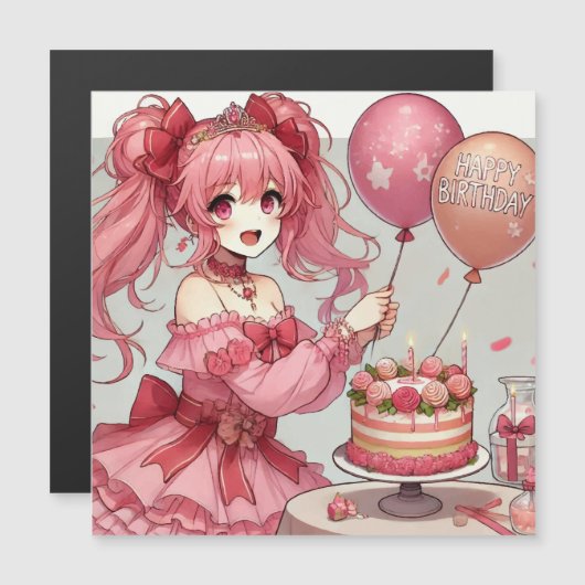 アニメのピンクの誕生日マグネットカード マグネット招待状 (正面/裏面)