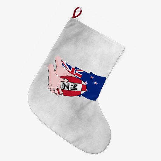 アニメのラグビーボールがニュージーランド国旗 ラージクリスマスストッキング (正面 (吊り時))