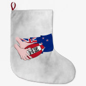 アニメのラグビーボールがニュージーランド国旗 ラージクリスマスストッキング (正面)