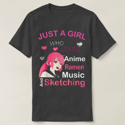 アニメのラーメンが大好きな女の子で、音楽をスケッチする Tシャツ (デザイン正面)