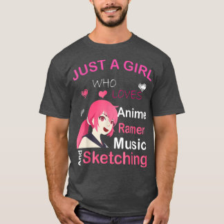 アニメのラーメンが大好きな女の子で、音楽をスケッチする Tシャツ