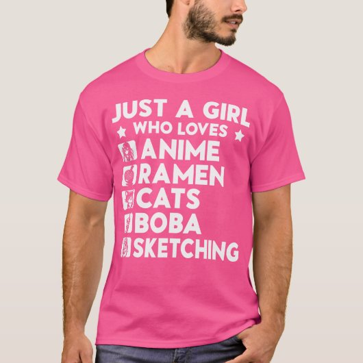 アニメのラーメン猫ボバとSkが大好きな女の子 Tシャツ (正面)