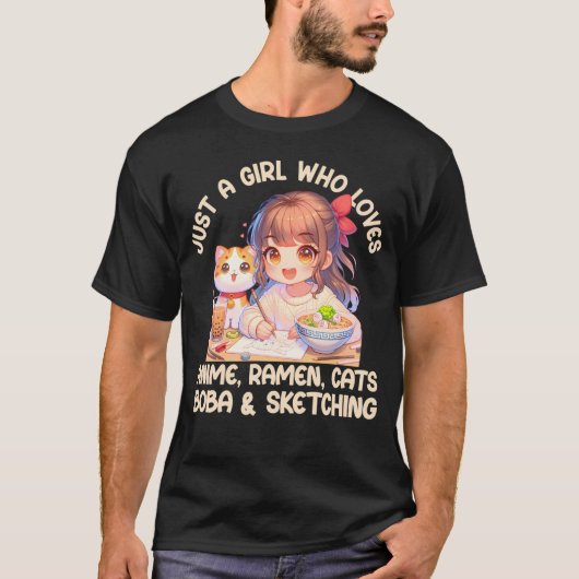 アニメのラーメン猫ボバとSkが大好きな女の子 Tシャツ (正面)