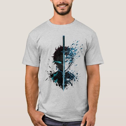 アニメの剣の戦士 - 青いエネルギーの悪魔 Tシャツ (正面)