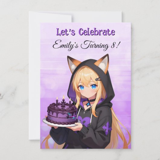 アニメの可愛い女の子とドラゴンの女の子の誕生日パーティー 招待状 (正面)
