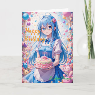 アニメの女の子とカワイイケーキのお祝い カード