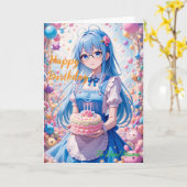 アニメの女の子とカワイイケーキのお祝い カード (黄色い花)