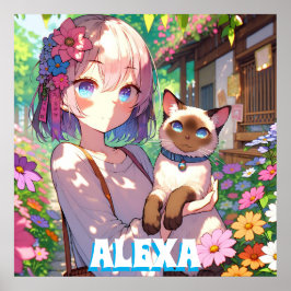 アニメの女の子とシャムネコのオーダーメイド ポスター