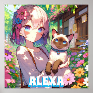 アニメの女の子とシャムネコのオーダーメイド ポスター