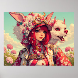 アニメの女の子とファンタジーの生き物、ポストクロス ポスター