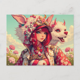 アニメの女の子とファンタジーの生き物、ポストクロス ポストカード