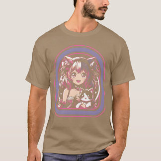 アニメの女の子と彼女の猫、アニメの友達 Tシャツ
