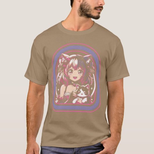 アニメの女の子と彼女の猫、アニメの友達 Tシャツ (正面)