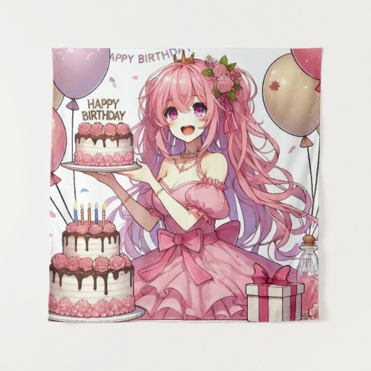 アニメの女の子 ピンクの誕生日 タペストリー (正面)