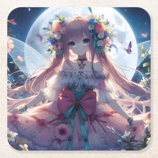 アニメの女の子 花 月 フェアリー スクエアペーパーコースター (正面)