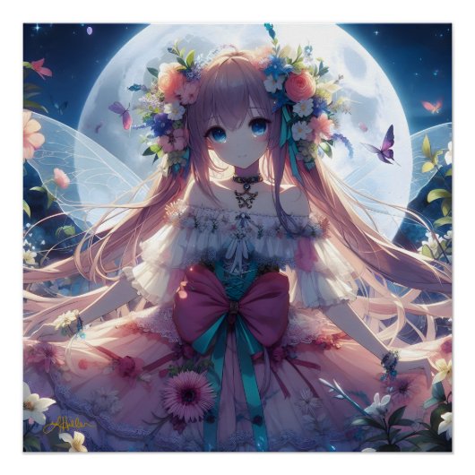 アニメの女の子 花 月 フェアリー ポスター (正面)