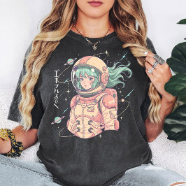 アニメの宇宙飛行士の少女の宇宙探検デザイン Tシャツ